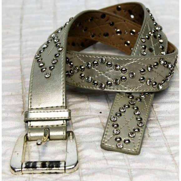Michael Kors Silver Leather Belt Studded Rhinestones Medium Shiny Chic Fancy - Picture 1 of 11